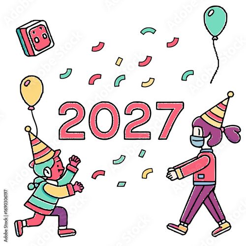 Two cartoon children wearing party hats and masks celebrate the arrival of the year 2027 with balloons and confetti