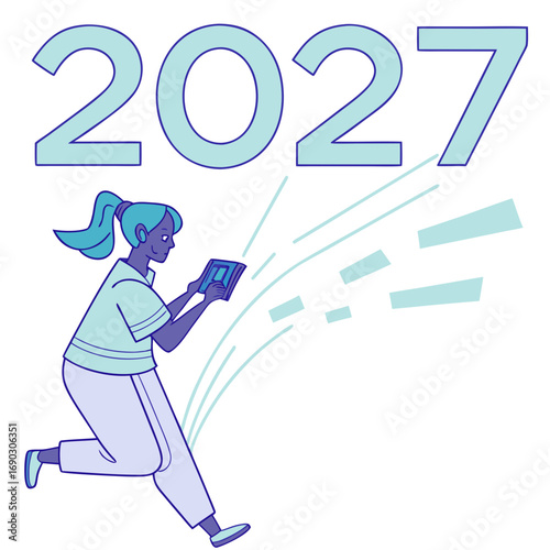 Young woman running forward holding a tablet device with the year 2027 in large blue numerals above
