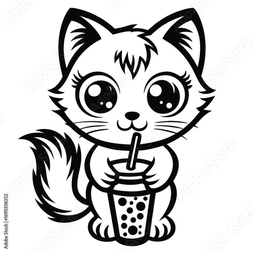 Adorable outlined cartoon kitty enjoys drinking from a bubble tea cup with its straw
