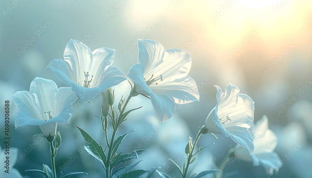 Obraz premium 朝日を浴びて輝く白い花の幻想的な姿