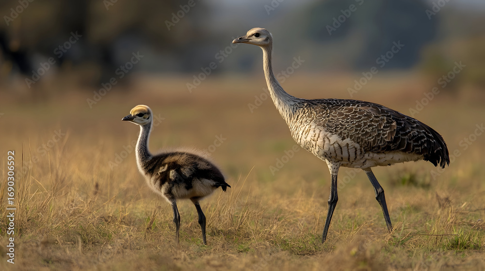 Naklejka premium Two birds walking in grassy field