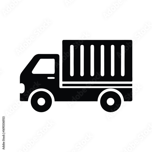 An Isolated black delivery truck icon displays vehicle for transporting goods fast