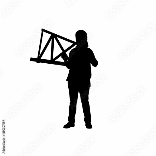 Structural engineer analyzing truss structure silhouette isolated on white background