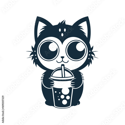 Animated feline mascot character lovingly enjoys delicious boba tea against a clean white backdrop