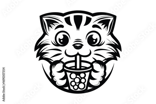 Animated kitten with big eyes is holding bubble tea and sipping using a straw