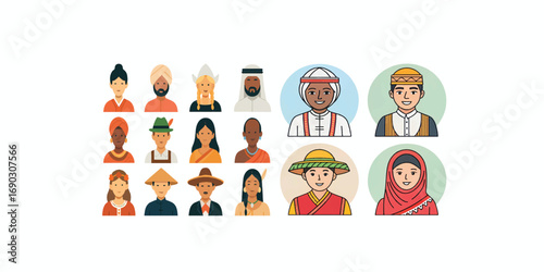 Print  lat vector set of multicultural people avatars in traditional outfits from different countries – simple, colorful, minimal icon style