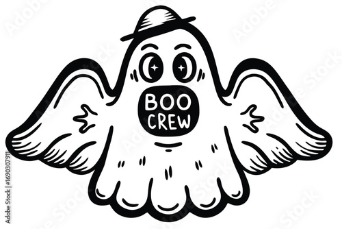 Black and white cartoon ghost with a hat boasts a spooky boo crew