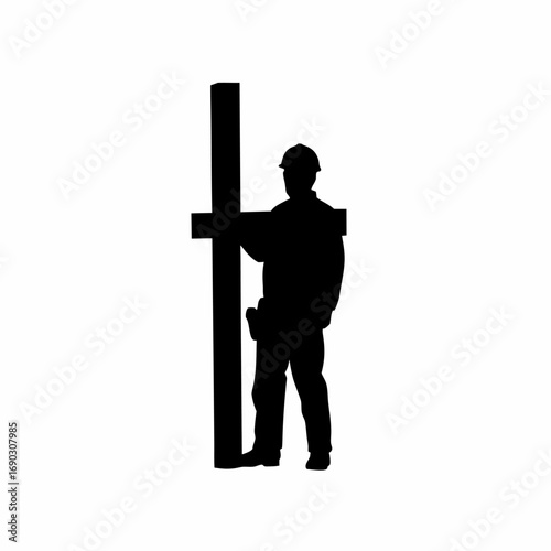 Structural engineer silhouette approving beam alignment isolated on white background