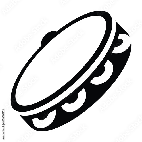 Tambourine Musical Instrument Black and White Vector Illustration with Jingle Bells.