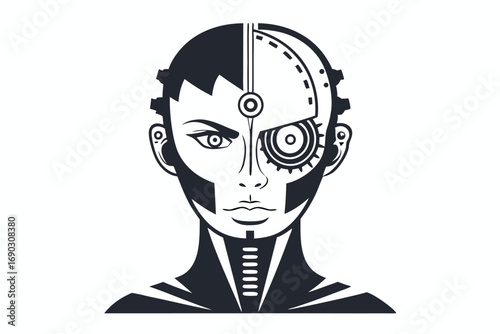 Black and white cyborg woman shows half human and half machine face clearly