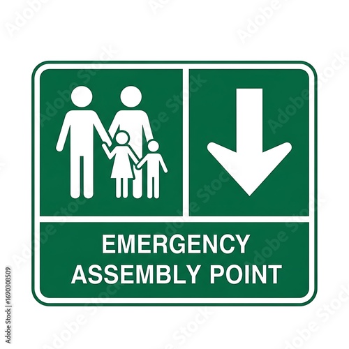 Find safety in an emergency at the assembly point location with family protection and direction arrow sign