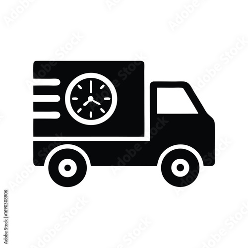 Black delivery truck icon shows speed and clock face in format