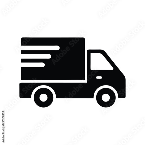Black delivery truck icon with speed lines suggests quick transport on road