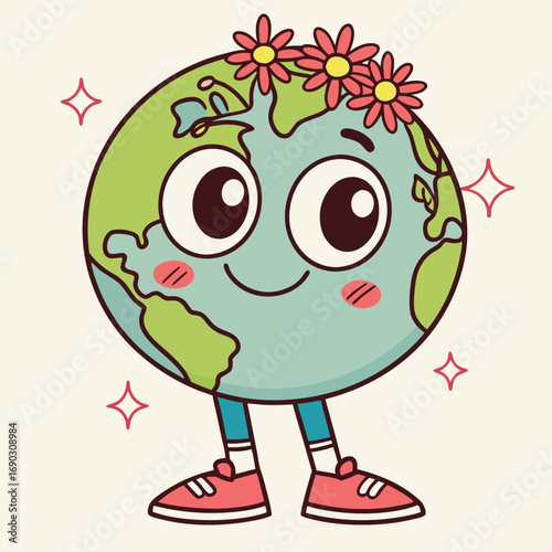Smiling cartoon Earth character stands wearing flowers, shoes, and leg coverings on a light background