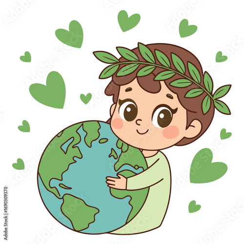 Smiling brunette child wearing wreath is lovingly embracing planet Earth, isolated on white