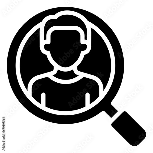 Profile Search Glyph Black Silhouette Icon Design Vector - Magnifying glass over a human profile, symbolizing user research, recruitment, or identity check