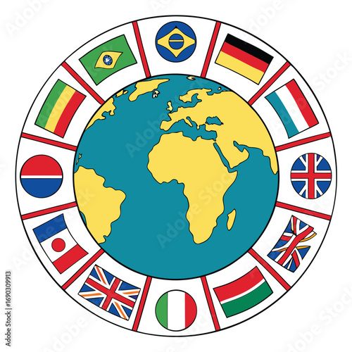 Global earth with international country flags showcasing diverse cultures and worldwide connections over a white background