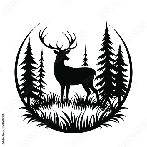 Black silhouette displays a deer standing within the grass and trees in a forest