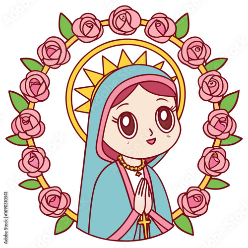 Cartoon Virgin Mary with pink hair prays within a rose floral halo isolated on white