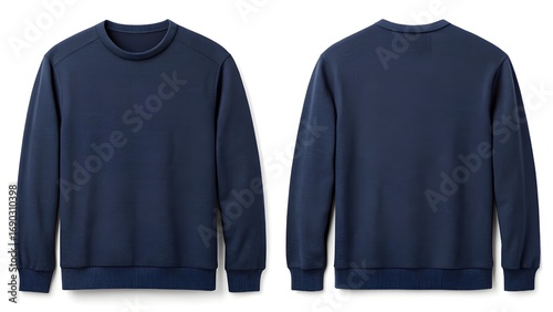 Blank navy blue crewneck sweatshirt mockup showing front and back views. Isolated long sleeve pullover template for apparel design