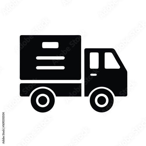 Black silhouette of a small delivery truck appears on a plain white backdrop