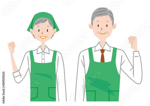 ガッツポーズするスーパーの店員　シニア　高齢者　パート　
