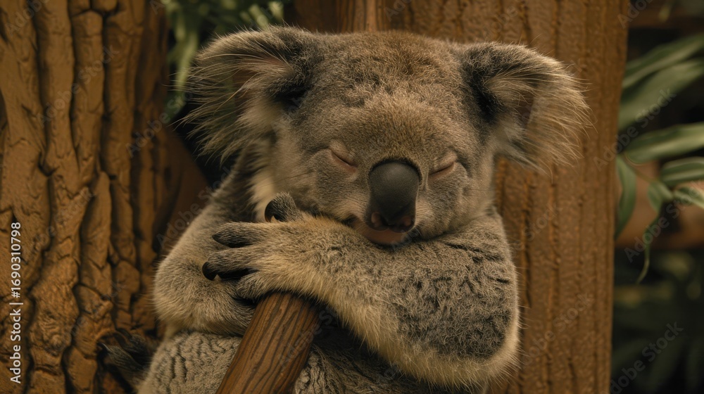 Obraz premium Charming koala lounging comfortably in a majestic eucalyptus tree surrounded by vibrant greenery