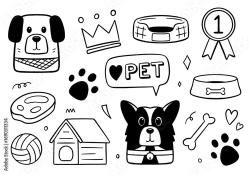 Dog doodle set on white background. Pet shop Vector illustration