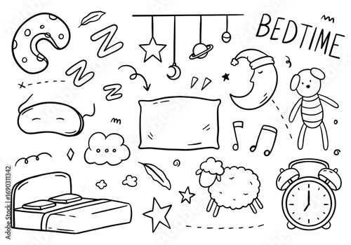 Bedroom doodle set on white background. Bed time Vector illustration