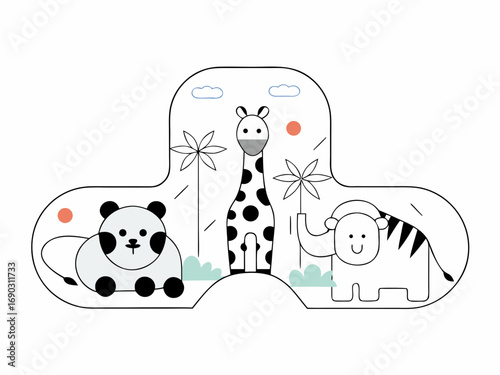 Flat vector illustration of cute jungle animals, minimalist style, clean lines, white background, suitable for Adobe Stock, high resolution”