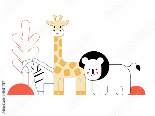 Flat vector illustration of cute jungle animals, minimalist style, clean lines, white background, suitable for Adobe Stock, high resolution”