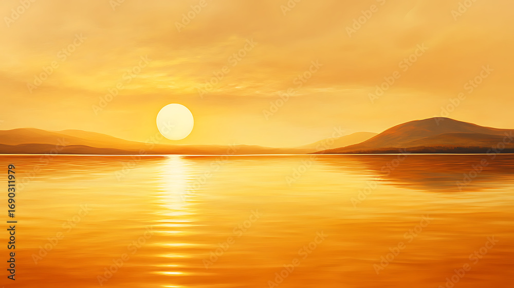 Naklejka premium Beautiful evening sky glowing above calm golden water high resolution picture
