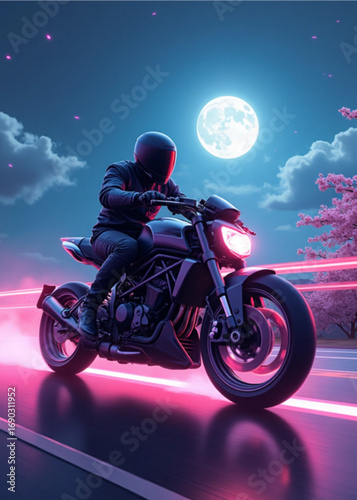 Night Rider: Silhouette of a motorcyclist as he cruises along an open road under a full moon, the neon light strips illuminate the pavement.