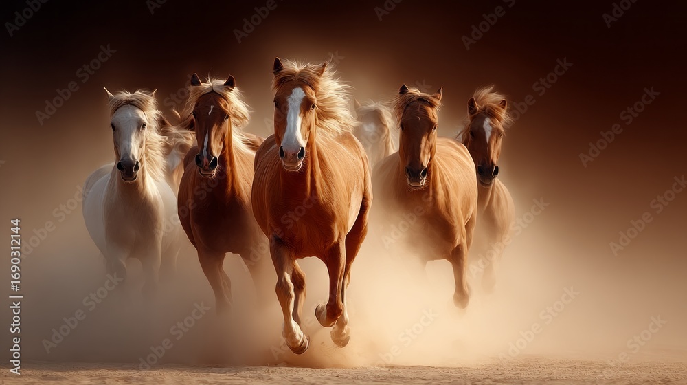 Obraz premium Wild horses gallop freely across an open landscape during golden hour in vivid dust clouds
