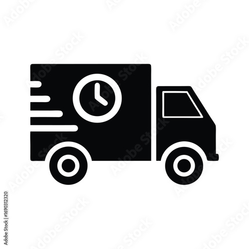 Black truck icon with the clock displays express delivery service with speed lines