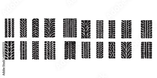 Car tire tracks vector, icon design. Tire tracks, rubber wheels, and braking marks. Truck, car, or motorcycle tread pattern silhouettes. Perfect for auto racing, motorsport, and speed-related designs
