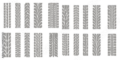 Grunge black tire track print in vertical layout, isolated on white background, perfect for automotive design, transportation concept, off-road illustration, and vehicle trail texture applications