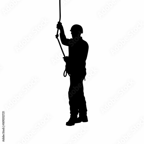 Silhouette of a structural engineer inspecting a bridge suspension cable isolated on white background