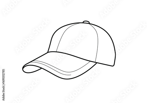 Cap drawing. It is a simple black and white outline of a baseball cap, a classic piece of headwear with a curved brim and a six-panel crown. Vector sketch line art draw.