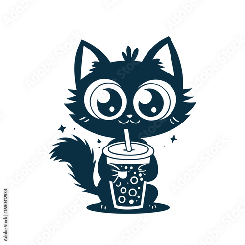Cartoon cute fluffy cat drinks black boba tea in monochrome style