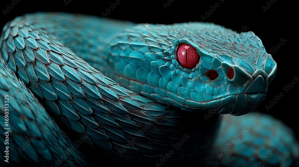 Fototapeta premium A striking close-up captures the intricate scaled texture and intense gaze of a vibrant blue snake, emphasizing its reptilian beauty and captivating presence.