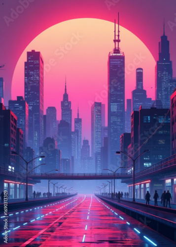 Cityscape under Neon Sunset: A breathtaking view of a futuristic cityscape with a vibrant neon sunset backdrop, where silhouettes of people stroll on the illuminated streets.