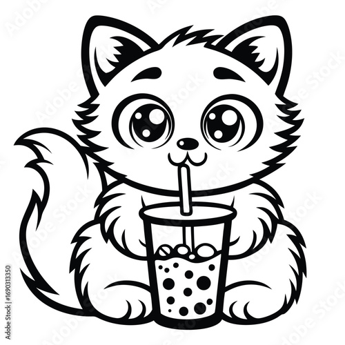 Cartoon fox is enjoying a boba drink with its adorable big eyes