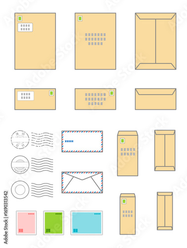 Set of envelope illustrations including brown A4 envelopes, long vertical envelopes, window envelopes, stamps, postmarks, and airmail designs. Line art and filled versions in black and white. 