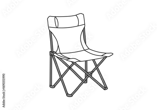 Camping chair drawing. It is a line art sketch of a camping chair, a portable and foldable seat designed for outdoor activities like camping, picnics, and sporting events. Vector sketch line art draw.