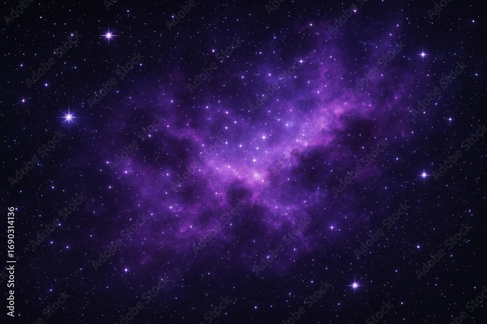 Obraz premium Cosmic Nebula: A breathtaking vista of celestial wonders unfolds, showcasing a radiant purple nebula and sparkling stars set against the vast expanse of the cosmos. 