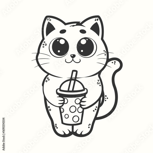 Cartoon kitty enjoys a polka dot beverage with a straw in an outlined style