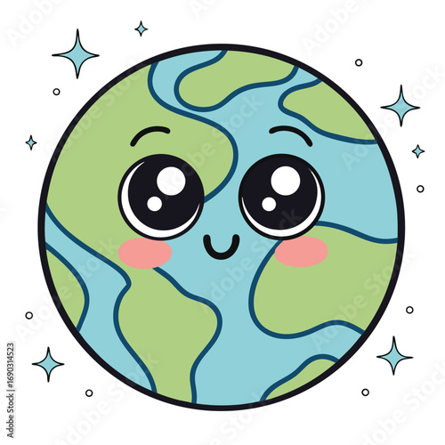 Smiling Earth with rosy cheeks surrounded by stars and circles on a white backdrop