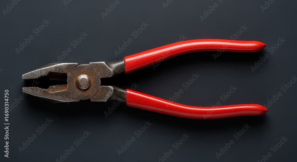Fototapeta premium Tool of Precision: A detailed shot of a set of pliers, its red handles offering a striking contrast against a dark backdrop, the tools are symbolic of precision.