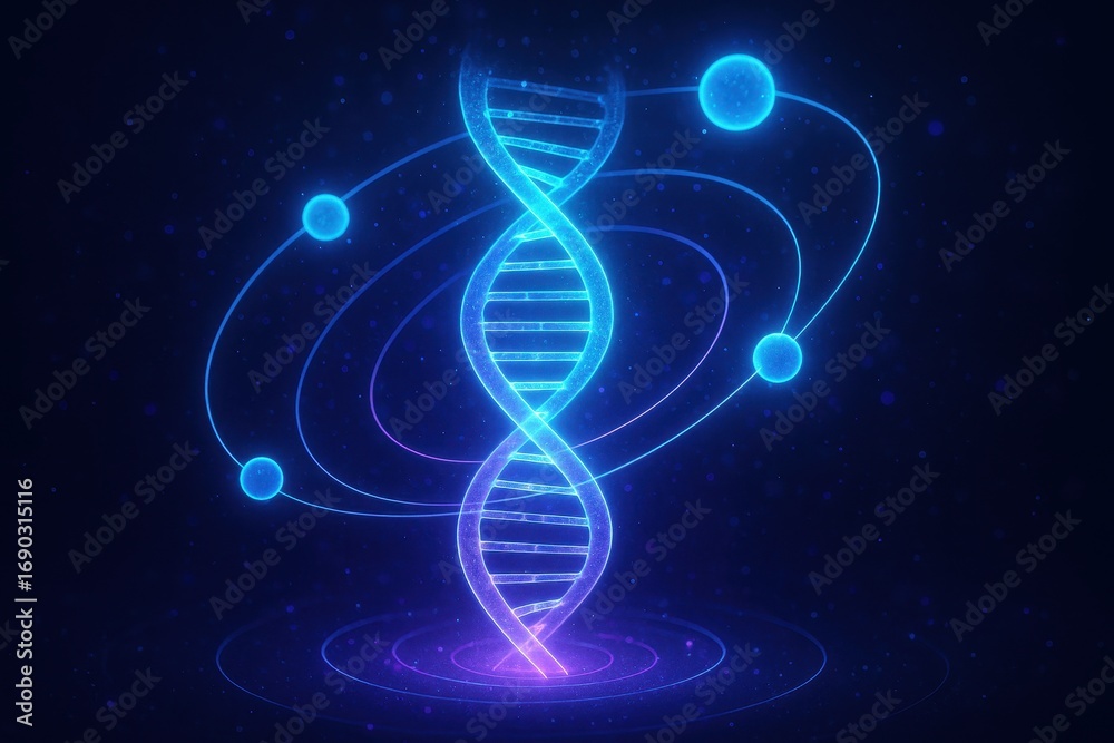 Obraz premium Digital DNA: A glowing illustration of a DNA strand, spiraling elegantly in a vibrant neon blue, symbolizing the essence of life and scientific innovation.